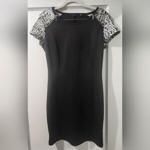 Dex Black and White Mini Dress with Patterned Sleeves